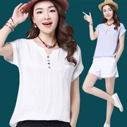 Mùa hè 2019 phiên bản Hàn Quốc mới của áo thun cotton cổ chữ V cỡ lớn rộng rãi, áo thun cotton ngắn tay nữ. - Áo sơ mi
