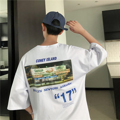 Summer round neck t-shirt men's short sleeve ins loose upper garment Japanese Style Hong Kong Style half sleeve tide brand trend five Quarter Sleeve