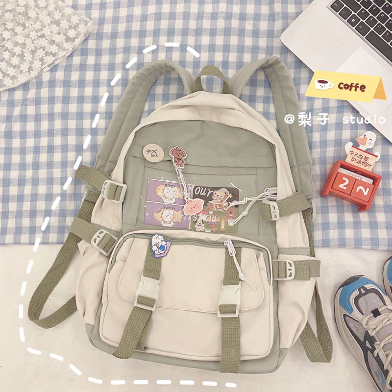 Green (7 Pieces For Decoration)Korean version ins high school a bag female Harajuku ulzzang Academic atmosphere junior middle school student knapsack Simple and versatile Backpack