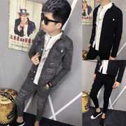 Mùa thu đông denim mới một bộ đồ xã hội người đàn ông áo khoác tinh thần Slim hai bộ đồ thể thao giản dị