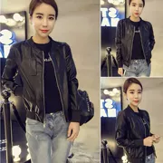 Của phụ nữ 2017 mùa xuân mới thời trang Hàn Quốc dây kéo vòng cổ áo khoác da dài tay hoang dã áo khoác da mỏng phụ nữ