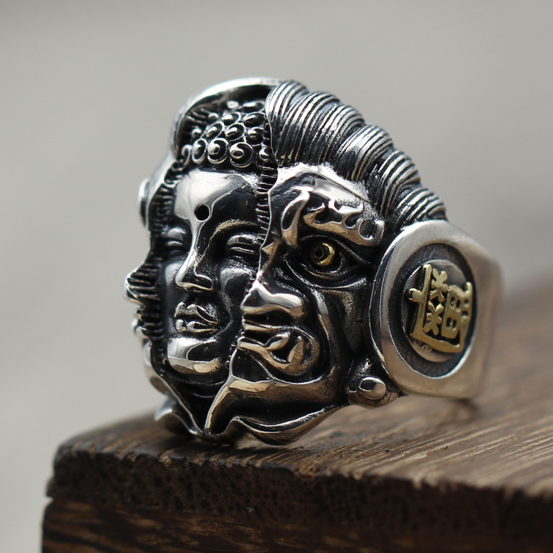 Buddha Devil Parachute Cord 925Silver Ring Amulet Tibet Buddhist Adjustable Ring