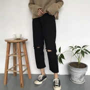 Mùa xuân năm 2018 mới của Hàn Quốc bf gió lỗ cao eo jeans nữ lỏng mỏng quần chân rộng sinh viên chín quần