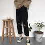 Mùa xuân năm 2018 mới của Hàn Quốc bf gió lỗ cao eo jeans nữ lỏng mỏng quần chân rộng sinh viên chín quần quần jean rách gối nữ