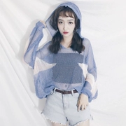 Mùa hè mới của Hàn Quốc bf Harajuku phong cách loose trùm đầu quan điểm lưới dài tay phần mỏng dệt kim kem chống nắng quần áo của phụ nữ áo sơ mi