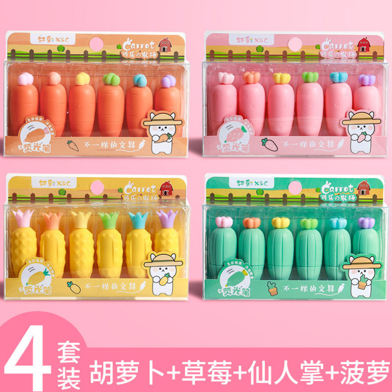Full 4 SetsCarrot Fluorescent pen lovely Super cute Cartoon Mini trumpet Color pen Marker pen marking pen School Supplies