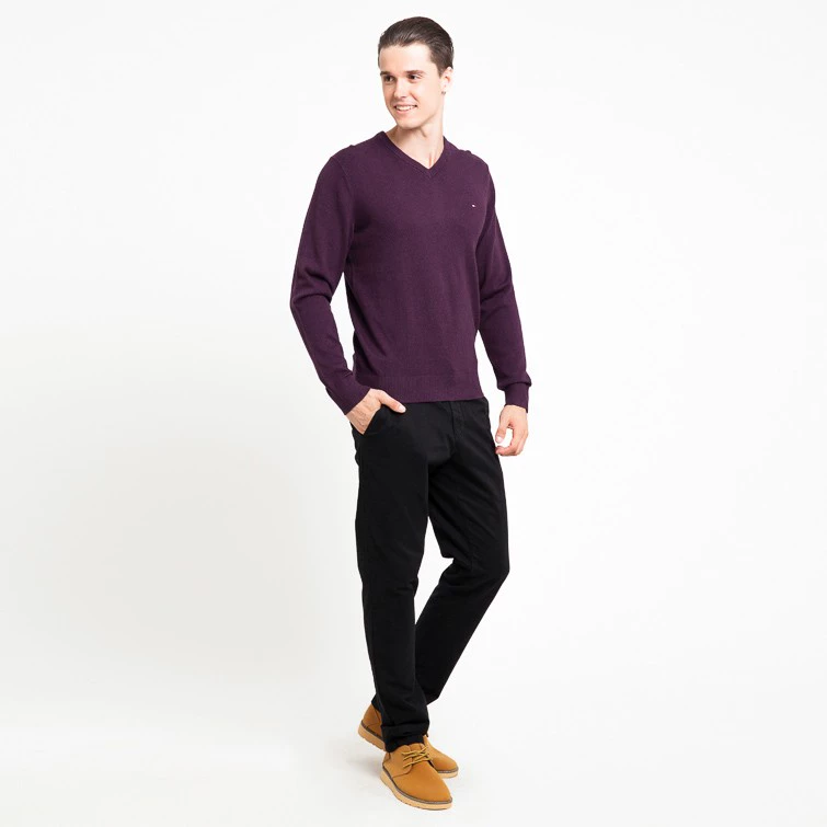 Áo len đơn nam đơn giản cho nam Áo len cashmere màu tím cổ chữ V dài tay áo len hoang dã - Áo len Cashmere
