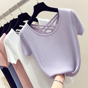 2018 mùa hè mới Hàn Quốc phiên bản của lỏng backless ngắn tay t-shirt nữ ice silk đan lại chữ thập cẩn thận máy top áo len đẹp