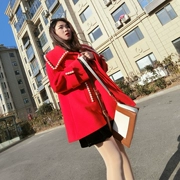 Mật ong lớn nhà mùa đông mới Trung Quốc màu đỏ búp bê cổ áo làm bằng tay ngọc trai lỏng áo mới năm màu đỏ ngắn áo len