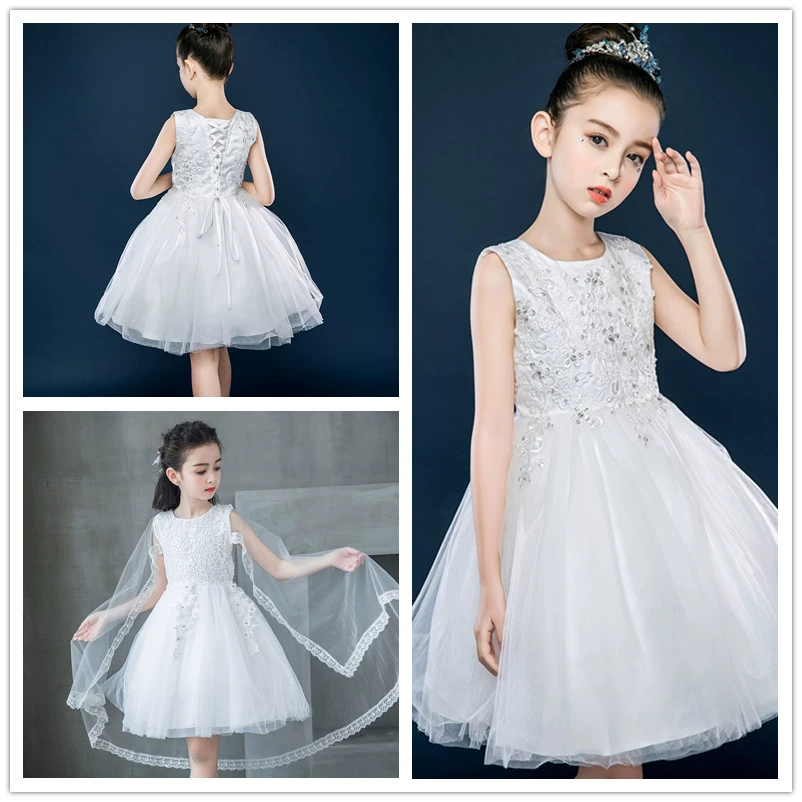 Cô gái công chúa trắng che mặt băng cổ tích váy cưới catwalk mô hình sinh nhật piano váy váy - Váy trẻ em