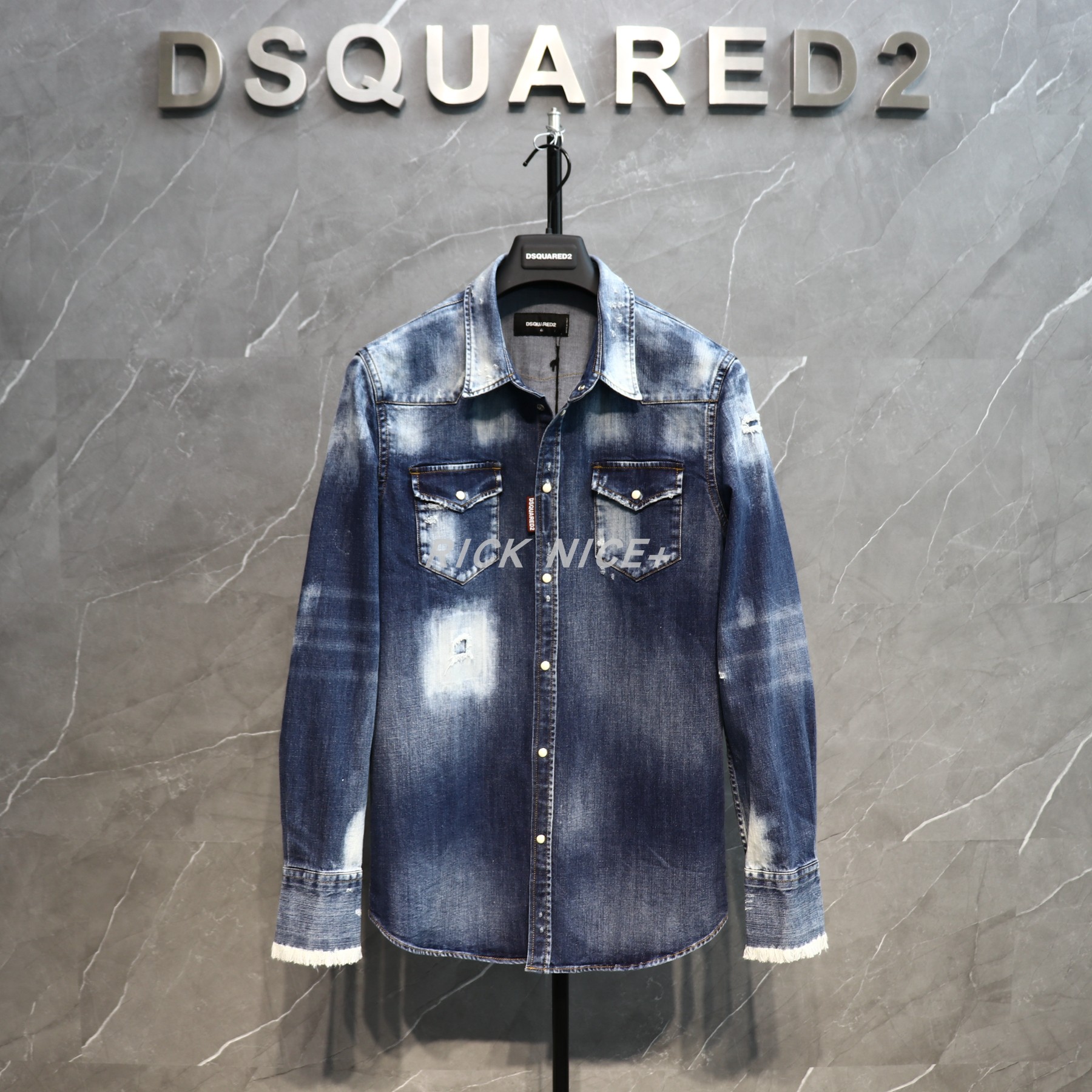 Royal BlueDSQUARED Fashion City new pattern D2 heavy industry patch Make old washing hole cowboy shirt Jacket ICON