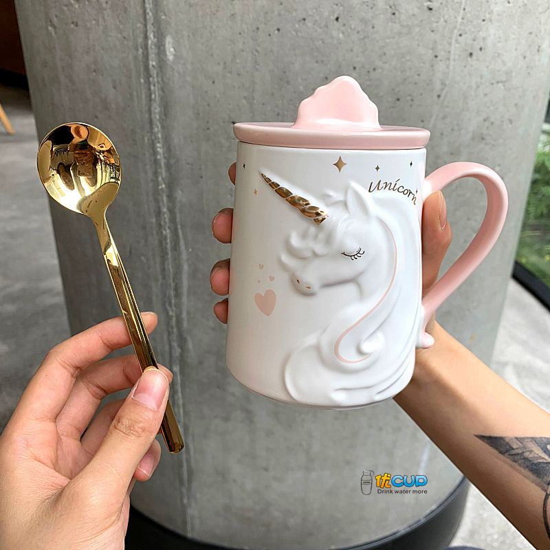 Unicorn Macaron Cloud Bracket Cover Pink+ins Northern Europe Ceramic cup originality Cartoon Internet celebrity unicorn Mug household Male and female style coffee cup Water cup