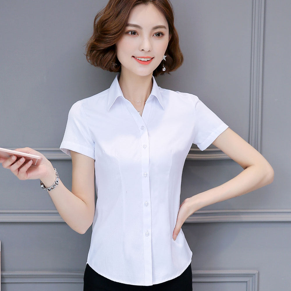 Áo sơ mi trắng dài tay áo chuyên nghiệp v- cổ mỏng overalls twill váy nửa ngắn tay áo kích thước lớn ol công cụ bông áo