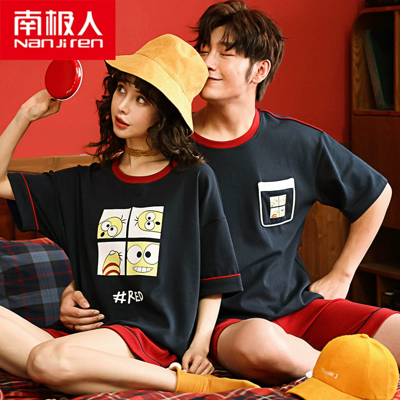 Bộ đồ ngủ đôi nam cực nữ mùa hè cotton ngắn tay hai mảnh phù hợp với Hàn Quốc dễ thương nam cotton mỏng phần dịch vụ tại nhà - Giống cái