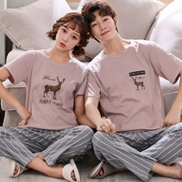 Хлопковая пижама для влюбленных подходит для мужчин и женщин, мультяшные штаны, хлопковый комплект, короткий рукав, большой размер, в корейском стиле