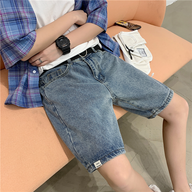 Summer thin denim shorts men's trendy Hong Kong style retro Capris and Korean loose casual student pants