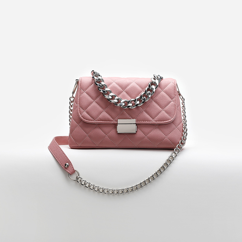 Pinknew pattern fashion Lock bag Versatile Soft skin One shoulder Inclined shoulder bag Issue on behalf of Rhombic grid Small Korean version female moderate beautiful grace