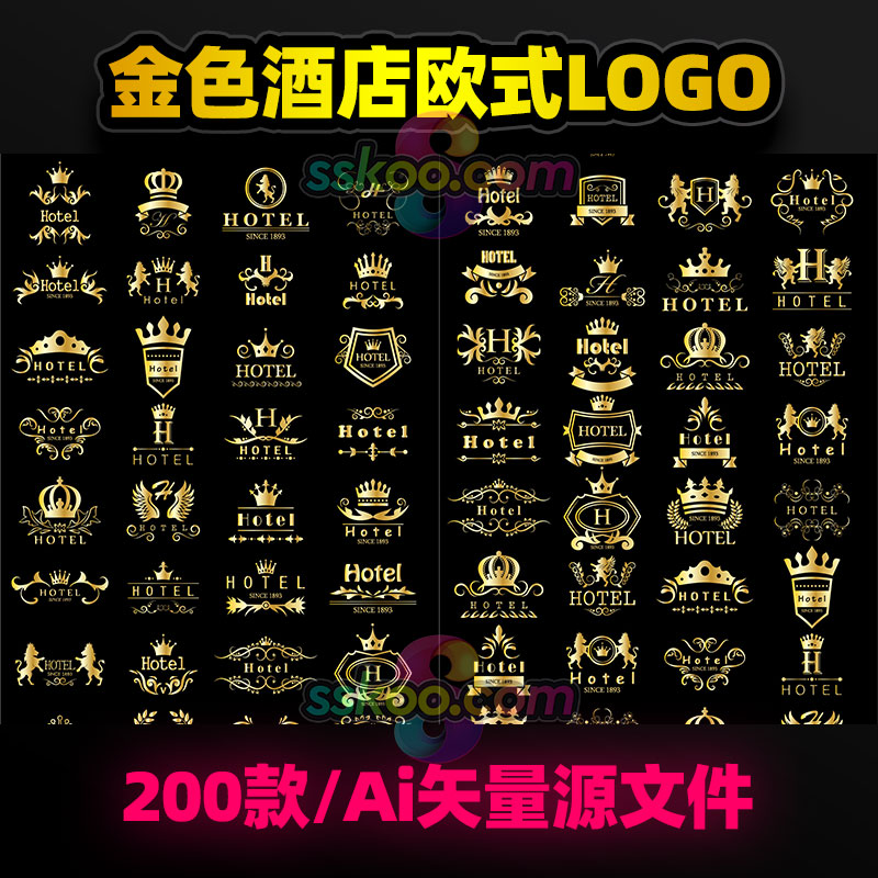 金色酒店欧式花纹图案LOGO标志企业品牌商标店标AI矢量设计素材