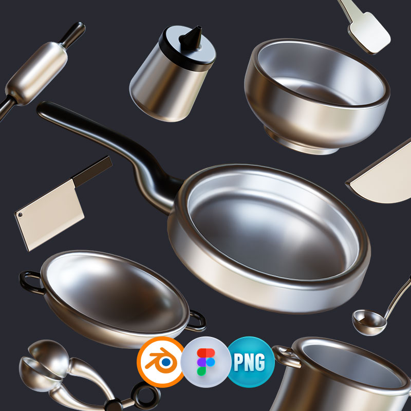 3D金属不锈钢厨房烹饪厨具刀具锅碗勺子icon图标三维免扣图标素材