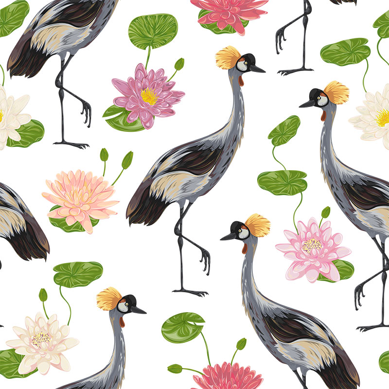 沼泽动物植物鹤鸟荷花手绘水彩插画PS无缝图案PNG免扣AI设计素材