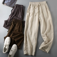 Комфортные летние дышащие штаны, 100% хлопок, из хлопка и льна, эластичная талия, свободный прямой крой