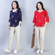 2019 mới gió quốc gia cotton và vải lanh thêu hoa Áo phông Trung Quốc phong cách lớn kích thước rộng tay áo bảy điểm áo sơ mi nữ - Áo phông