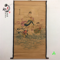 Картина 古董仿古做旧字画国画古画名人书法双童观音中堂画客厅办公装饰画