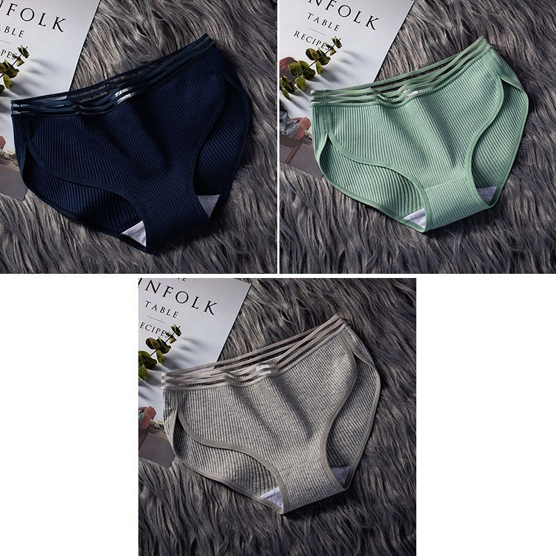 040 Black Blue + Flower Grey + Bean Green2 strip / 3 strip ma'am underpants female pure cotton solar system Korean version Cotton girl student middle-waisted girl student Lace Briefs