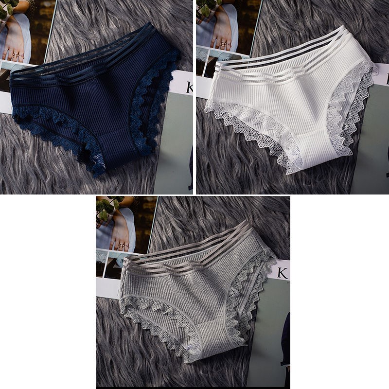 042 Milk White + Grey + Black Blue2 strip / 3 strip ma'am underpants female pure cotton solar system Korean version Cotton girl student middle-waisted girl student Lace Briefs