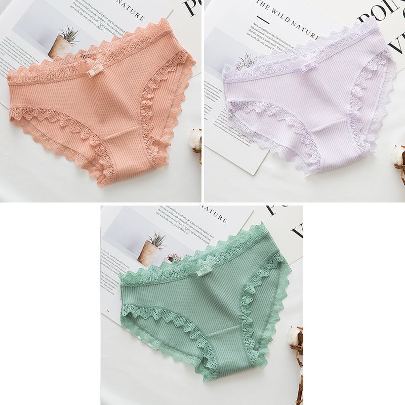 039 Bean Red + Bean Green + Purple2 strip / 3 strip ma'am underpants female pure cotton solar system Korean version Cotton girl student middle-waisted girl student Lace Briefs
