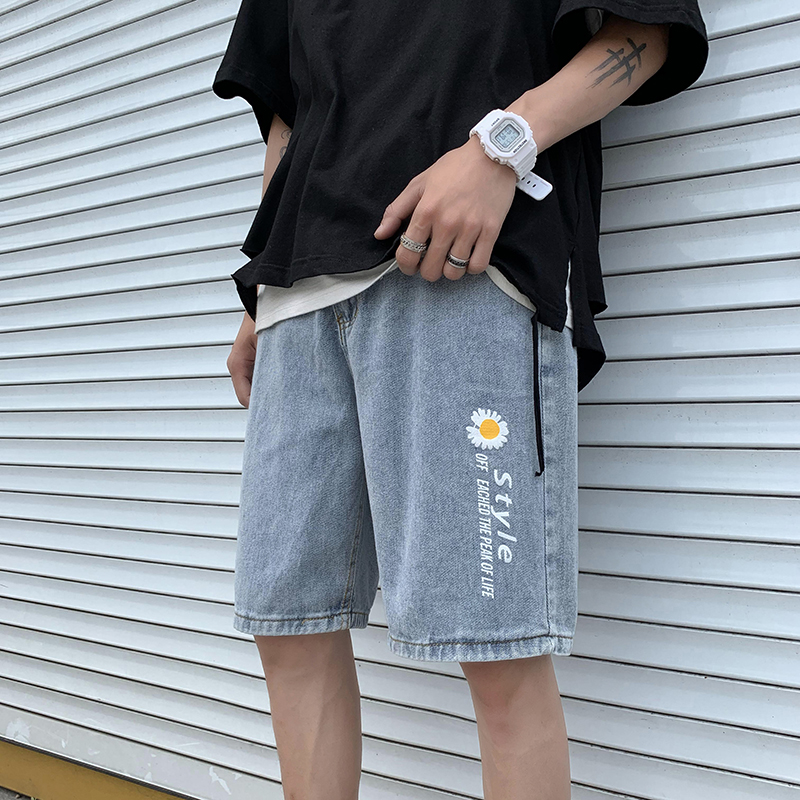 Summer thin denim shorts men's trend versatile loose straight Capris trendy student pants