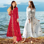 Đảo kỳ nghỉ Váy Sanya bãi biển Xia Chaoxian kích thước lớn bên bờ biển mỏng dài tay váy sundress váy cotton và vải lanh - Sản phẩm HOT