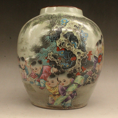 Горшок 促销清光绪粉彩婴戏图案紫边坛 古玩瓷器 古董摆件 做旧瓷器收藏