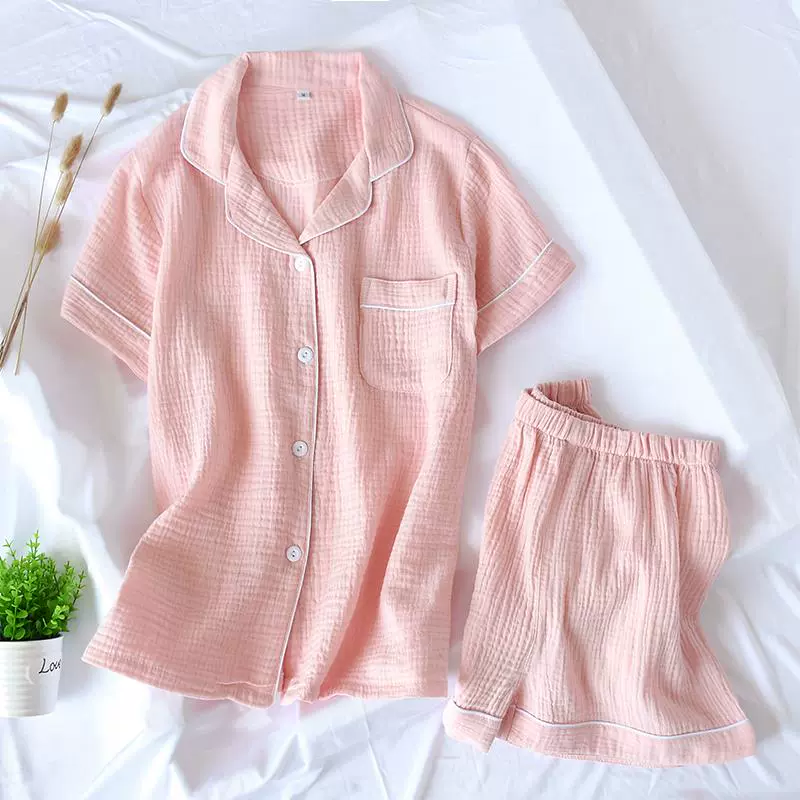 Đồ ngủ cardigan mùa hè của phụ nữ đơn giản quần short ngắn tay cotton gạc kiểu Nhật Bản mỏng tươi giặt dịch vụ tại nhà - Cha mẹ và con
