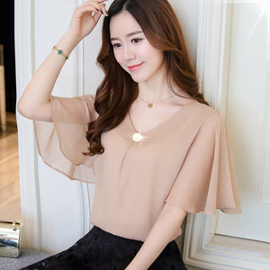 Siêu cổ tích t- shirt áo sơ mi chiffon 2018 mùa hè mới bao gồm áo sơ mi bụng lỏng lá sen tay áo ngọt ngào nước ngoài áo sơ mi nhỏ