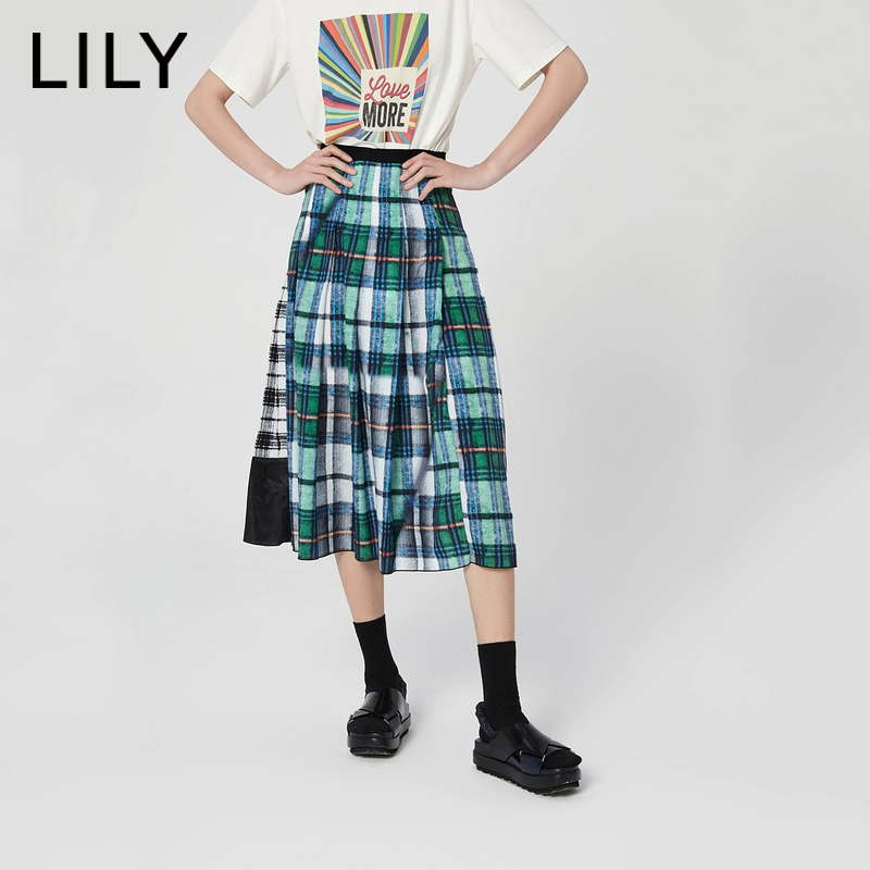 LILY2020 mùa hè mới của phụ nữ retro màu tương phản kẻ sọc lớn xích đu lớn Váy xếp ly chữ A 120220C6177 - Váy