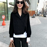 LS Hàn Quốc Dongdaemun mua mùa xuân mới màu đen ngắn vải to sợi vải giảm béo dài tay blazer