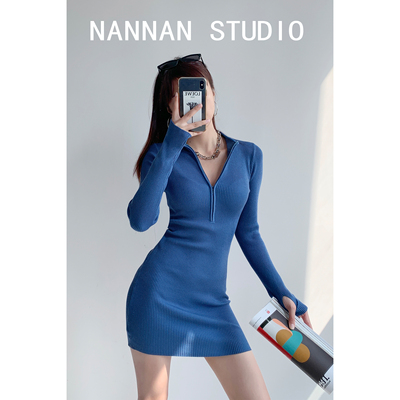 taobao agent Sexy knitted dress girl's with zipper, fitted mini-skirt, with gem, long sleeve, hip-accented