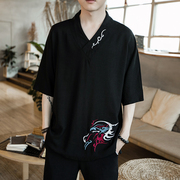 Phong cách trung quốc Tang phù hợp với cải thiện Hanfu thêu linen nam mùa hè Trung Quốc cotton ngắn tay thanh niên nằm trang phục dân tộc