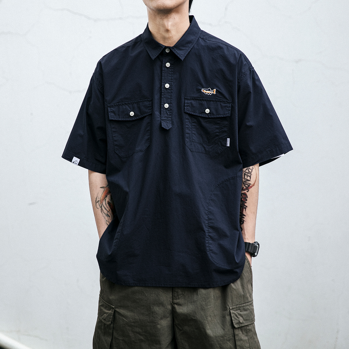 日系复古工装POLO领短袖衬衫男夏季潮牌高级感休闲T恤INS半袖衬衣