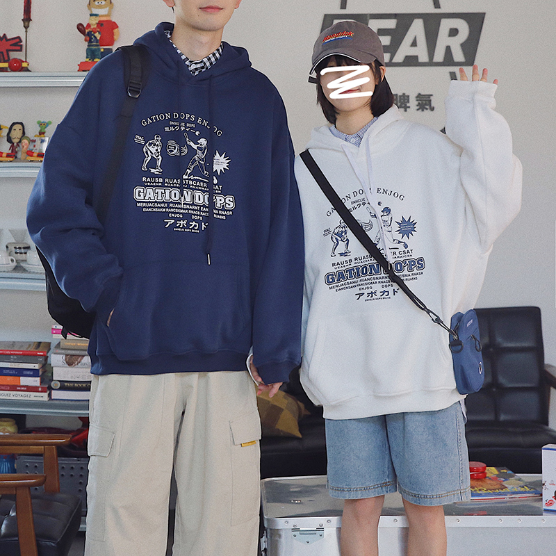 Couple's Hooded Sweater men's fashion minority design sense Korean loose BF wind Plush heavy coat ins