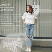 Xiaowei 2017 mới tươi Hàn Quốc phong cách đầu gối lỗ nhấp nháy ánh sáng màu jeans nữ mùa hè quần màu xanh nữ