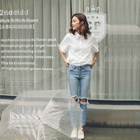 Xiaowei 2017 mới tươi Hàn Quốc phong cách đầu gối lỗ nhấp nháy ánh sáng màu jeans nữ mùa hè quần màu xanh nữ thoi trang nu