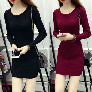 Mùa thu và mùa đông áo len dày của phụ nữ áo len dài đầm túi hip dưới váy mỏng dài tay cổ tròn áo sơ mi