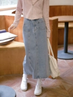 Ретро летняя джинсовая юбка, юбка в складку, длинная юбка, свободный прямой крой, с акцентом на бедрах