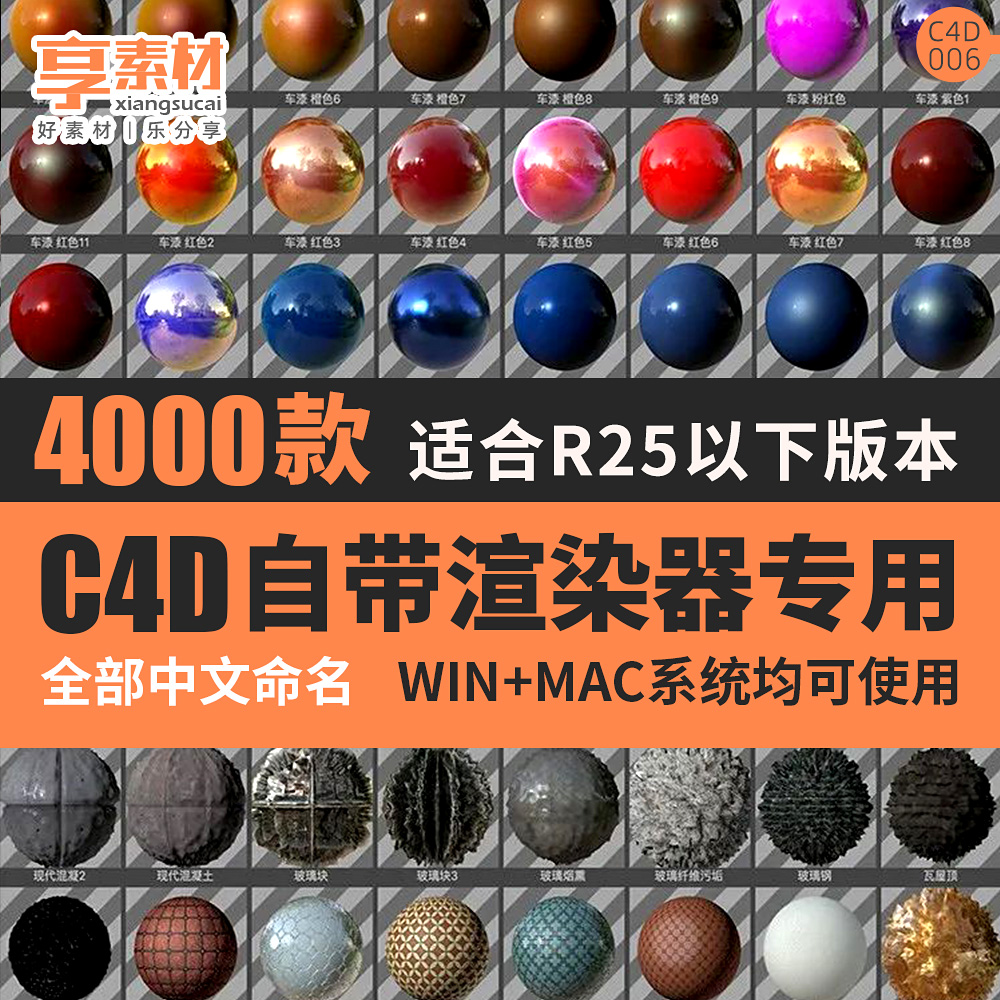 【标准材质】4000个C4d自带渲染中文材质球预设库(约14G）