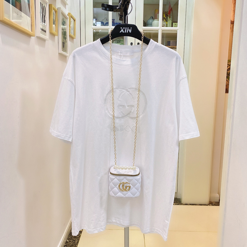 White (Bag Delivery)2021 summer tide Age reduction easy Big edition Show thin letter Embroidery pure cotton give Bag Medium and long term Short sleeve T-shirt female