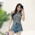 Dệt kim T-Shirt 2018 new sexy chữ thập cổ áo ra khỏi vai sọc màu slim Slim đáy áo áo len nữ công sở Áo / áo thun