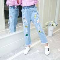 Cô gái quần jeans xuân hè 2019 cô gái mới mùa thu giản dị mùa hè quần thẳng mặc quần - Quần đồ bộ bé trai