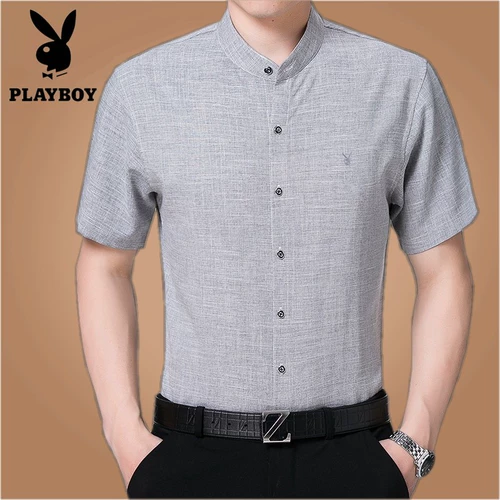 Playboy, летняя рубашка, для среднего возраста, короткий рукав, из хлопка и льна, большой размер